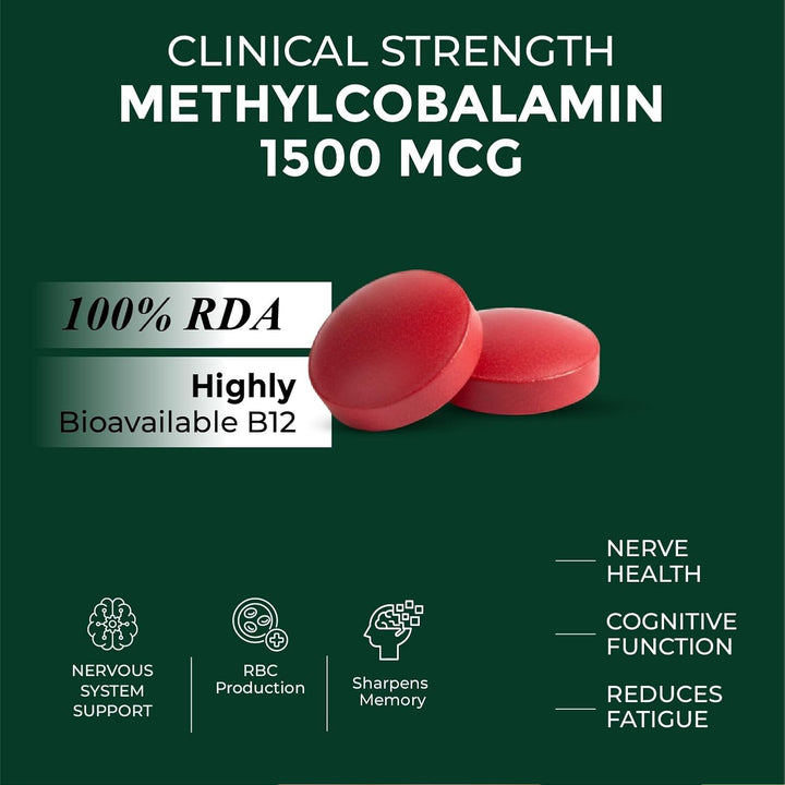 Vlado's Himalayan Organics Vitamin B12 Tablets 1500 mcg -Active form of Methylcobalamin Vitamin B12 Supplements for Men & Women- 180 Veg Tablets (6 Months Supply Pack)