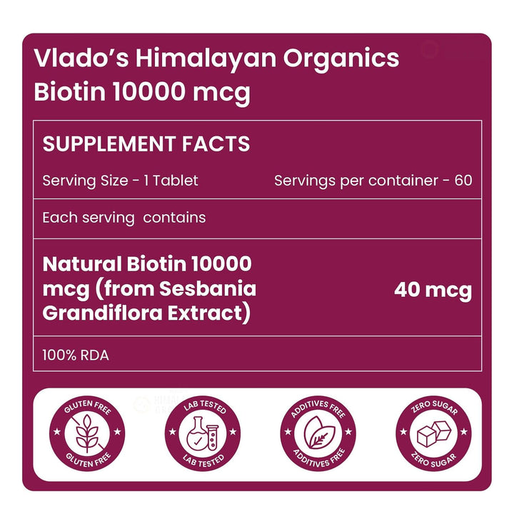 Vlado’s Himalayan Organics Biotin 10000mcg Supplement for Hair Growth, Strong Hair and Glowing Skin, Nail I Sesbania Extract Biotin tablets For Men & Women - 60 Veg Tablets