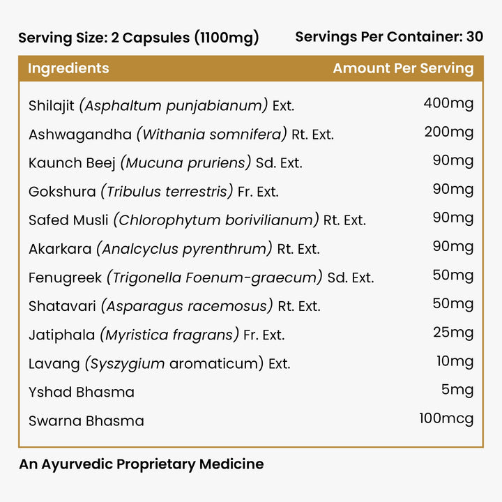 Vlado's Himalayan Organics Pure Shilajit 24 carat Gold with Ashwagandha, Safed musli, Kaunch beej , Gokshura Swarna & Rajat Bhasma +10 more Ayurvedic herbs - -Boost Stamina, Strenght, Energy Power, Build Muscle Mass - 60 Veg Capsules