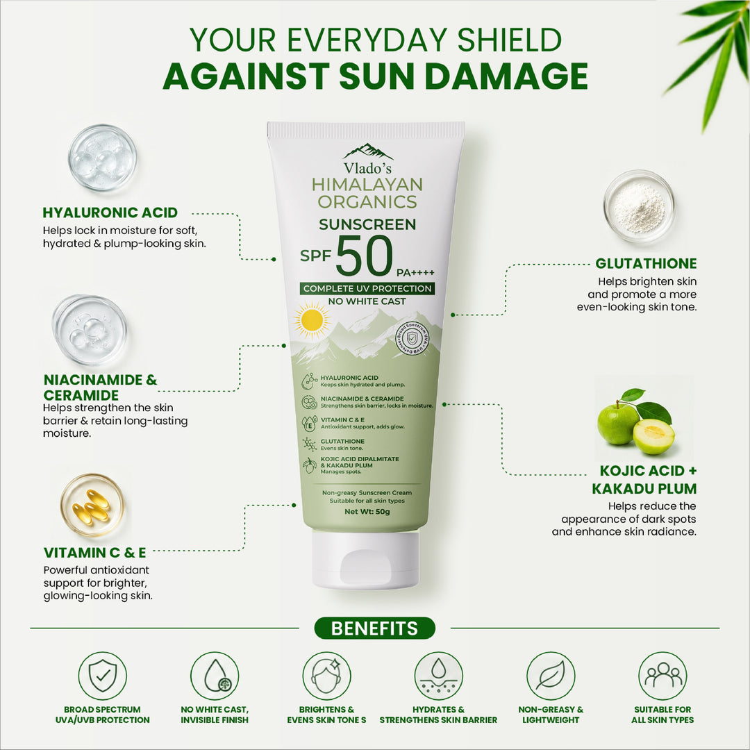 Vlado's Himalayan Organics Sunscreen SPF 50 PA+++ with Hyaluronic Acid, Niacinamide, Glutathione, Vitamins C & E, Kojic Acid, Kakadu Plum & Ceramide | No White Cast | 12H Protection | All Skin Types | Men & Women