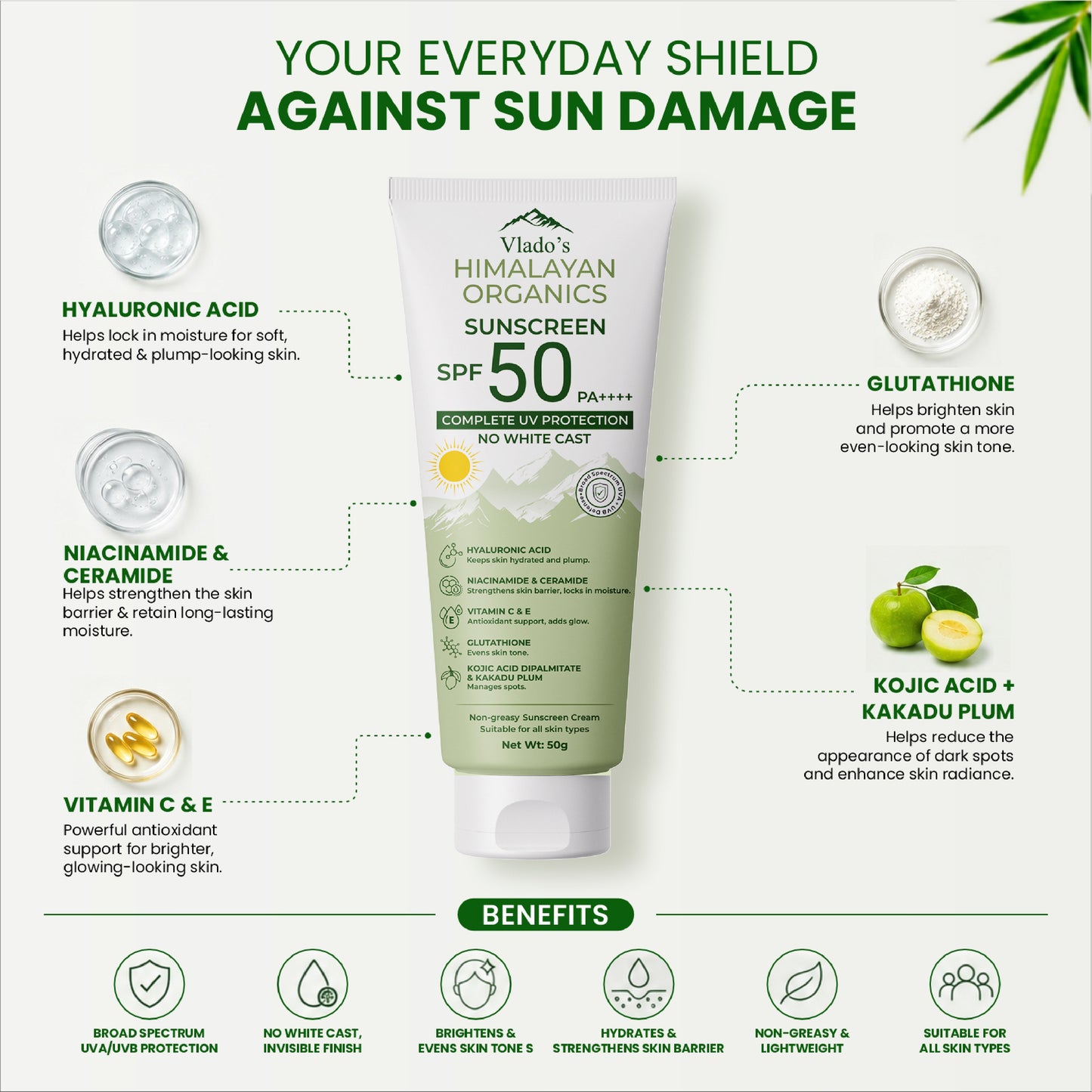 Vlado's Himalayan Organics Sunscreen SPF 50 PA+++ with Hyaluronic Acid, Niacinamide, Glutathione, Vitamins C & E, Kojic Acid, Kakadu Plum & Ceramide | No White Cast | 12H Protection | All Skin Types | Men & Women