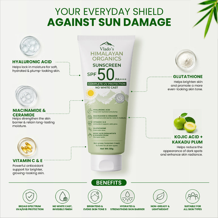 Vlado's Himalayan Organics Sunscreen SPF 50 PA+++ with Hyaluronic Acid, Niacinamide, Glutathione, Vitamins C & E, Kojic Acid, Kakadu Plum & Ceramide | No White Cast | 12H Protection | All Skin Types | Men & Women