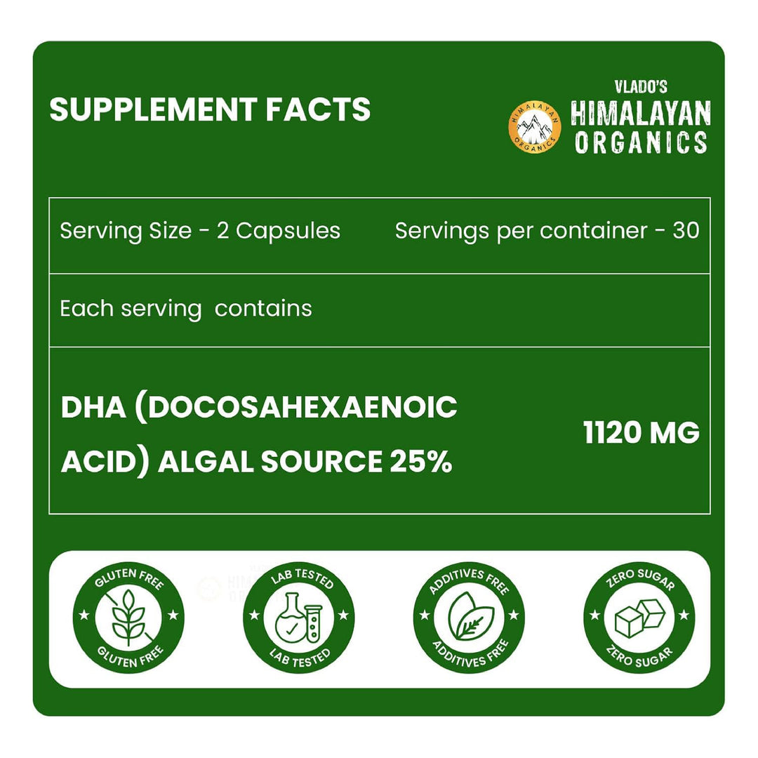 Vlado's Himalayan Organics Vegetarian Omega 3 - 1120 MG Supplement | 3X Strength | Veg DHA | Vegetarian Omega 3 | Algal DHA | Plant Based | No Fish oil Used I Healthy Heart, Joints & Eyes I Omega Capsules for Men & Women- 60 Veg Capsules