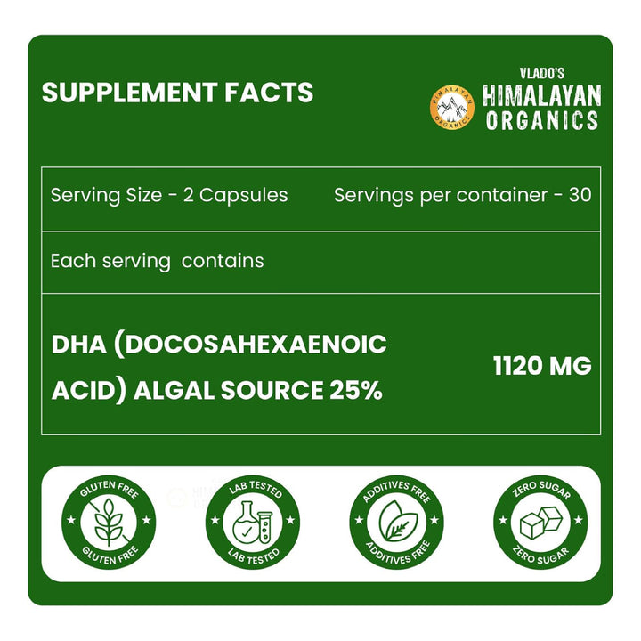 Vlado's Himalayan Organics Vegetarian Omega 3 - 1120 MG Supplement | 3X Strength | Veg DHA | Vegetarian Omega 3 | Algal DHA | Plant Based | No Fish oil Used I Healthy Heart, Joints & Eyes I Omega Capsules for Men & Women- 60 Veg Capsules