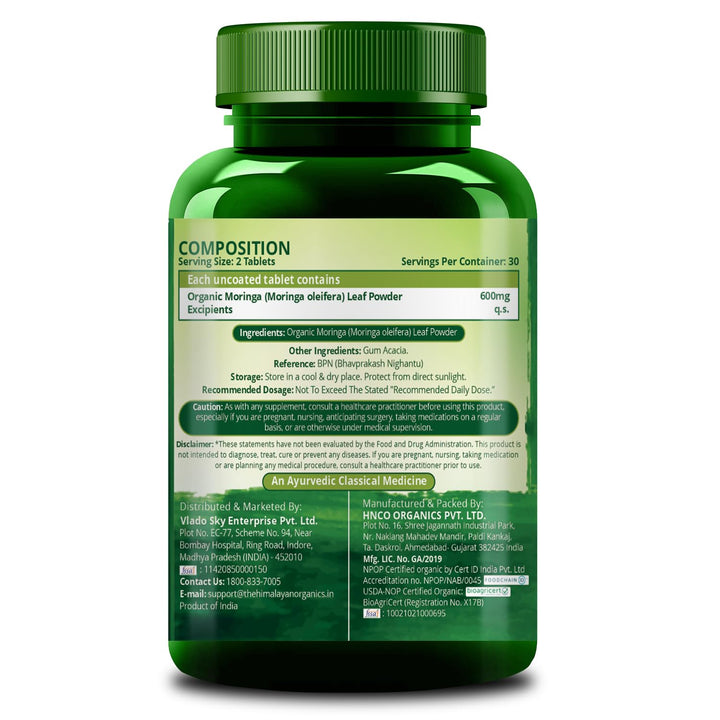 Vlado's Himalayan Organics Organic Moringa Tablet with 1200mg Moringa Leaves Extract | Moringa Powder Tablets for Immunity, Digestion & Energy| Moringa Leaves Tablets, 60 Tablets