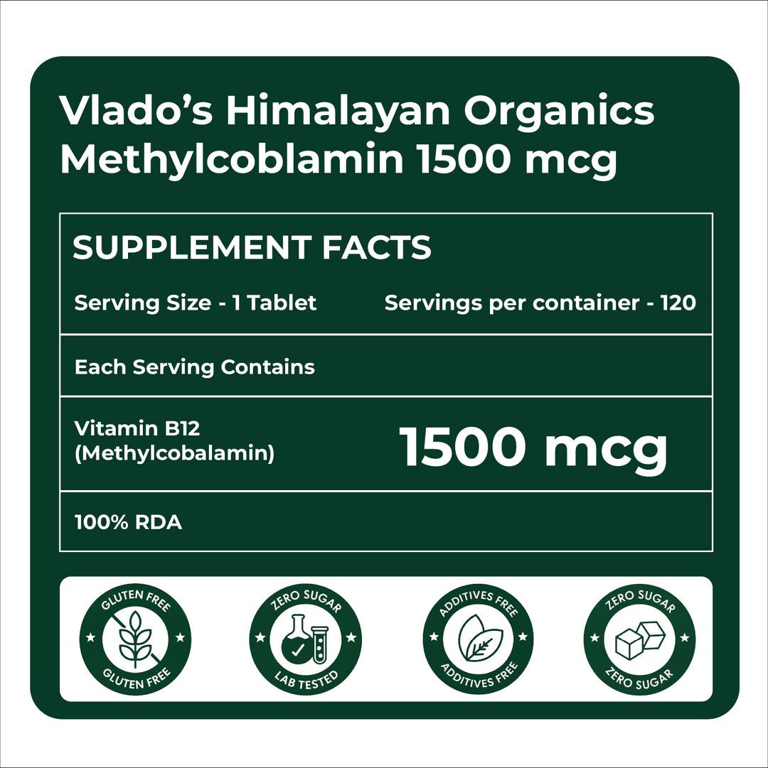 Vlado's Himalayan Organics Vitamin B12 Tablets 1500 mcg as Methylcobalamin Vitamin B12 Supplements for Men & Women -120 Veg tablets (4 Months Supply Pack)