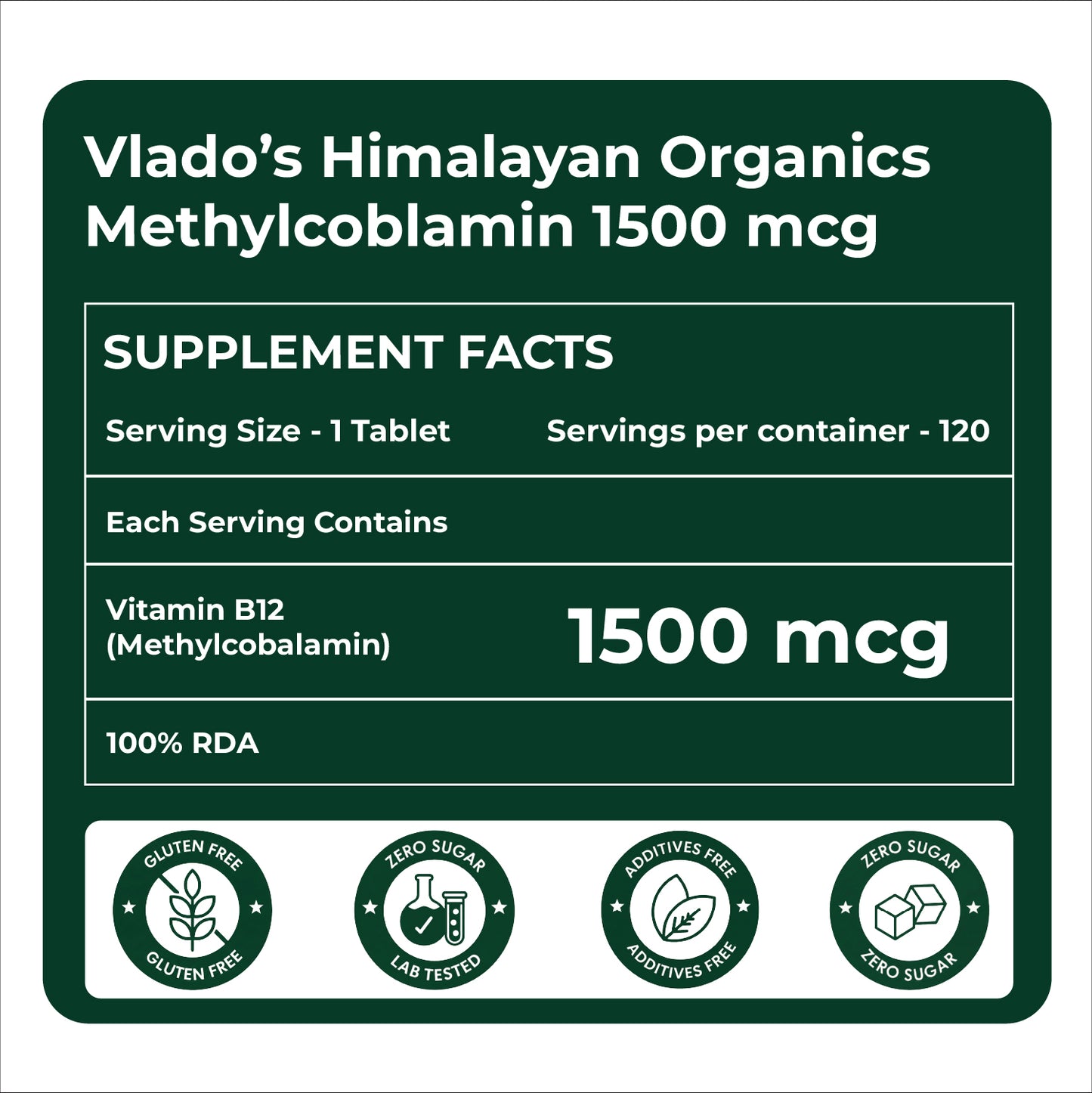 Vlado's Himalayan Organics Vitamin B12 Tablets 1500 mcg as Methylcobalamin Vitamin B12 Supplements for Men & Women -120 Veg tablets (4 Months Supply Pack)