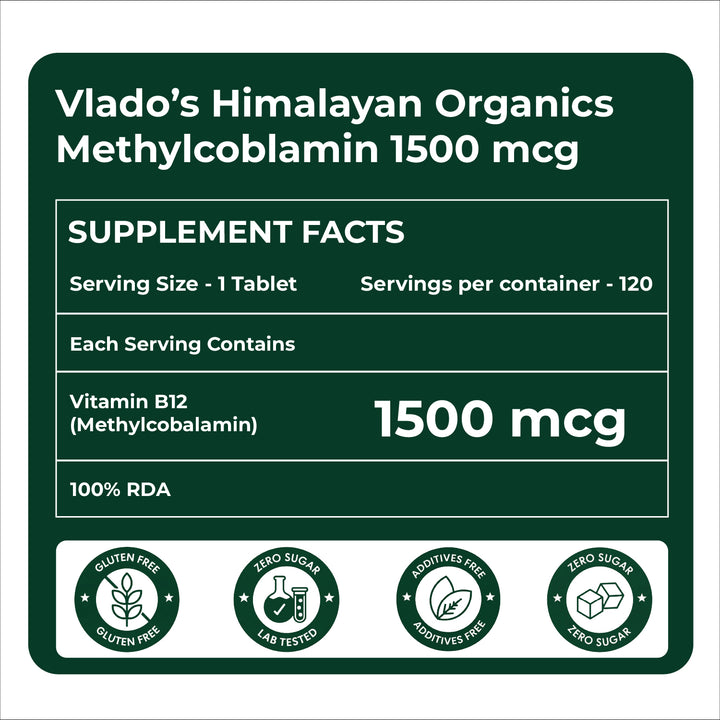 Vlado's Himalayan Organics Vitamin B12 Tablets 1500 mcg as Methylcobalamin Vitamin B12 Supplements for Men & Women -120 Veg tablets (4 Months Supply Pack)