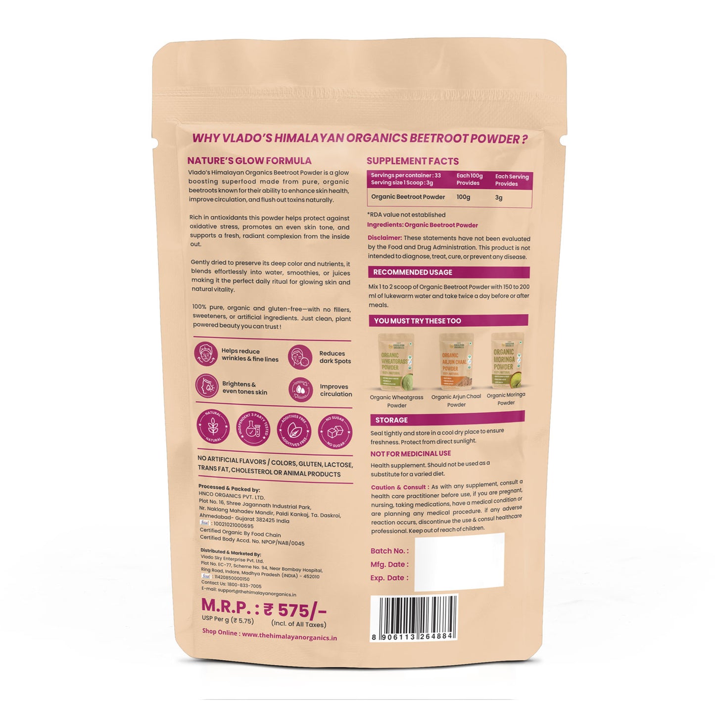 Vlado's Himalayan Organics Beetroot Powder For Face, Skin & Hair I Drinking | Eating | 100% Pure | Boost Energy | Shining Skin | Rich In Antioxidants Natural Brightening, Anti-Aging & Glowing Complexion 100g