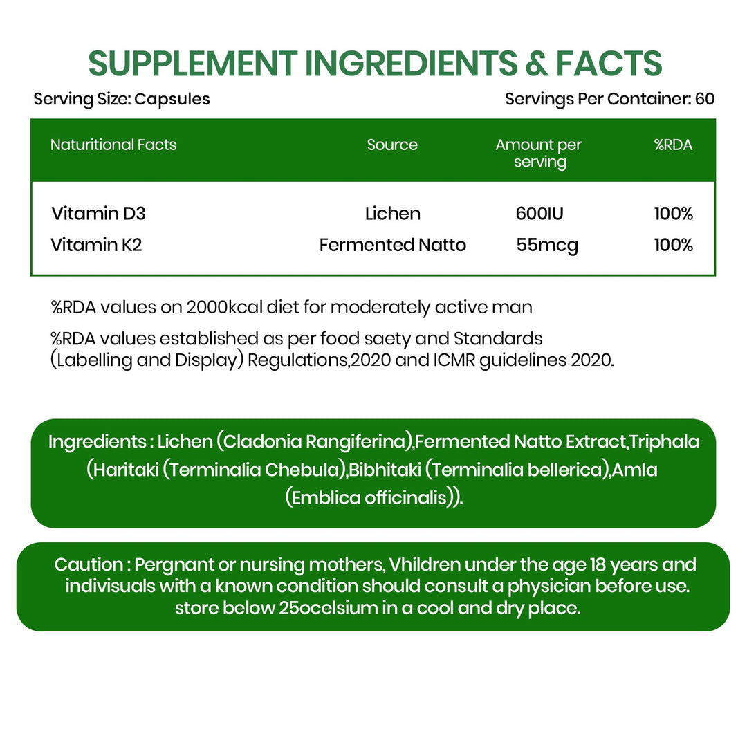 Vlado's Himalayan Organics Plant Based 600iU Supplement | Vitamin D3(Lichen) + K2(Menaquinone Mk7) | Faster Absorption | Boost Immunity | Healthy Bones -60 Veg Capsules
