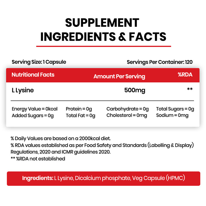 Vlado’s Himalayan Organics L-Lysine 500mg Essential Amino Acid | Supports Heart Health | Boosts Immunity | Improve Bone Health- 120 Veg Capsules