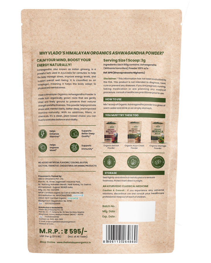 Vlado's Himalayan Organics |Organic Ashwagandha Powder 100gm - Withania Somnifera | Pure Ashwagandha Powder Organic -Support Muscle Recovery & Boost Energy Level | USDA Certified for Vitality, Strength & Stress Management | 100gm