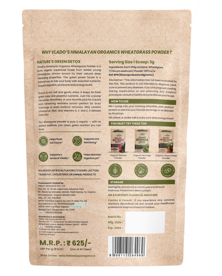 Vlado's Himalayan Organics Natural Organic Wheatgrass Powder | USDA Certified I Wheat Grass Powder | Organic Wheatgrass Juice | Ayurvedic Support For Natural Detox | Immunity Booster | Herbal Supplement - 100g