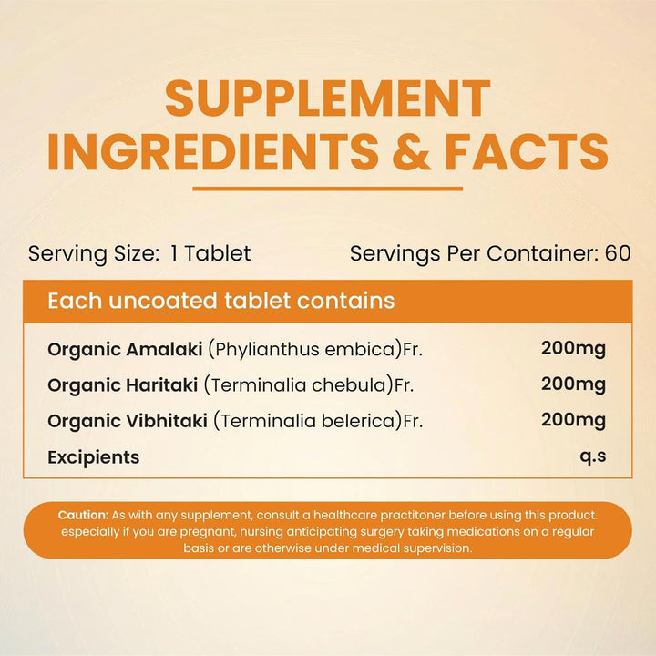 Vlado's Himalayan Organics Triphala Tablets 100% Organic | Supports Healthy Digestion | Improves Bowel Wellness | Relieves Constipation | Pure Herbs Used |100% Ayurvedic | trifala 60 Tablets.
