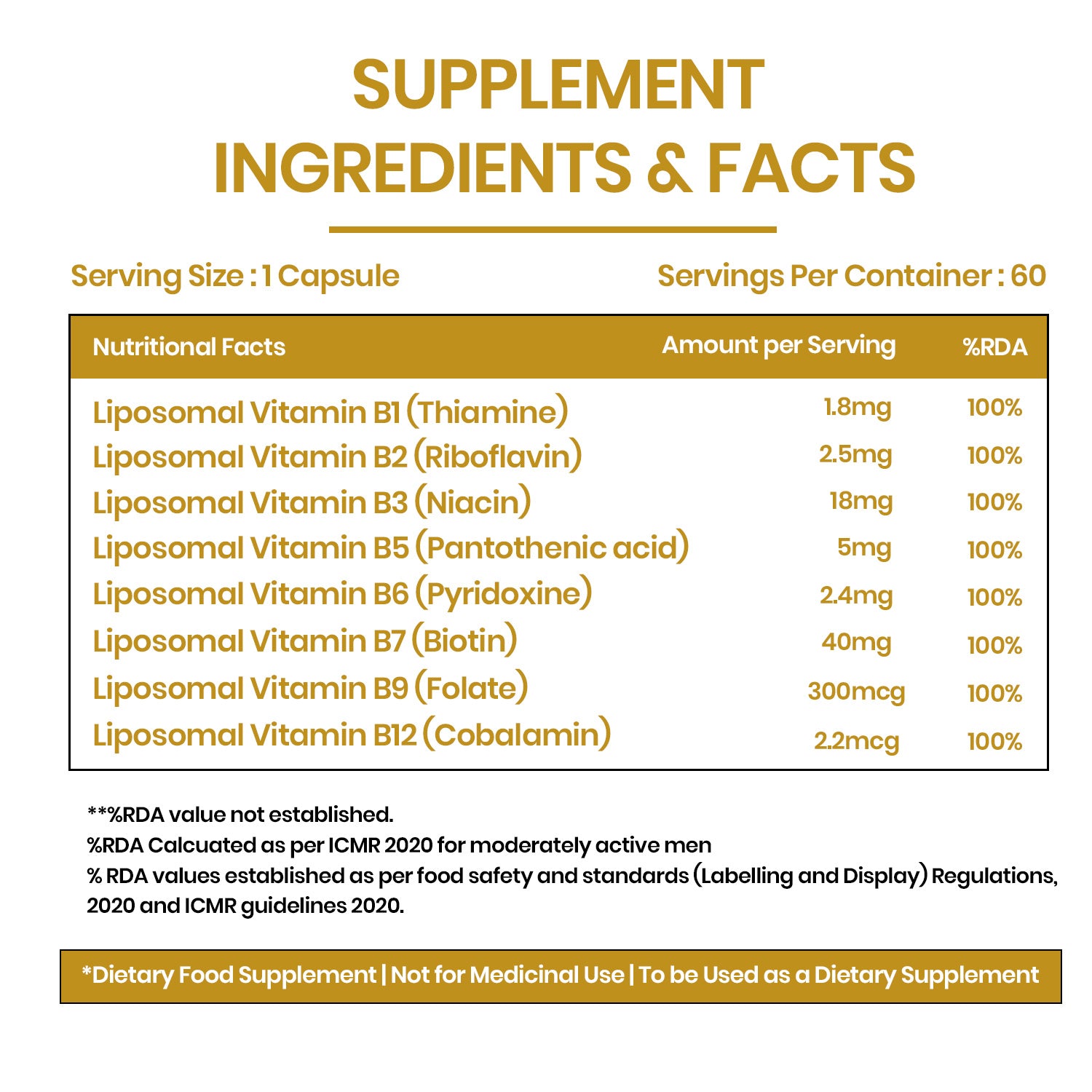 Vlado’s Himalayan Organics Liposomal Vitamin B Complex with 100% RDA B1, B2, B3, B5, B6, B9 & B12 | Hair Growth, Boost Energy And Immunity (60 Capsules)