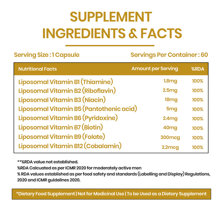 Vlado’s Himalayan Organics Liposomal Vitamin B Complex with 100% RDA B1, B2, B3, B5, B6, B9 & B12 | Hair Growth, Boost Energy And Immunity (60 Capsules)