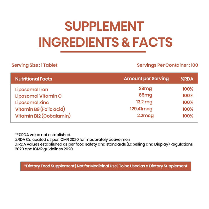 Vlado's Himalayan Organics Liposomal Iron supplement with Vitamin C,B12,Zinc & Folic Acid | Boost Hemoglobin Levels | Improves Concentration Level,Energy & Blood Building-100 Veg Tablets