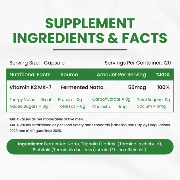 Vlado's Himalayan Organics Plant-Based Vitamin K2 MK- 7 Supplement Supports Stronger Bone & Heart Health I 55 MCG / Serving - k2 supplements for Men & Women - 120 Veg Capsules