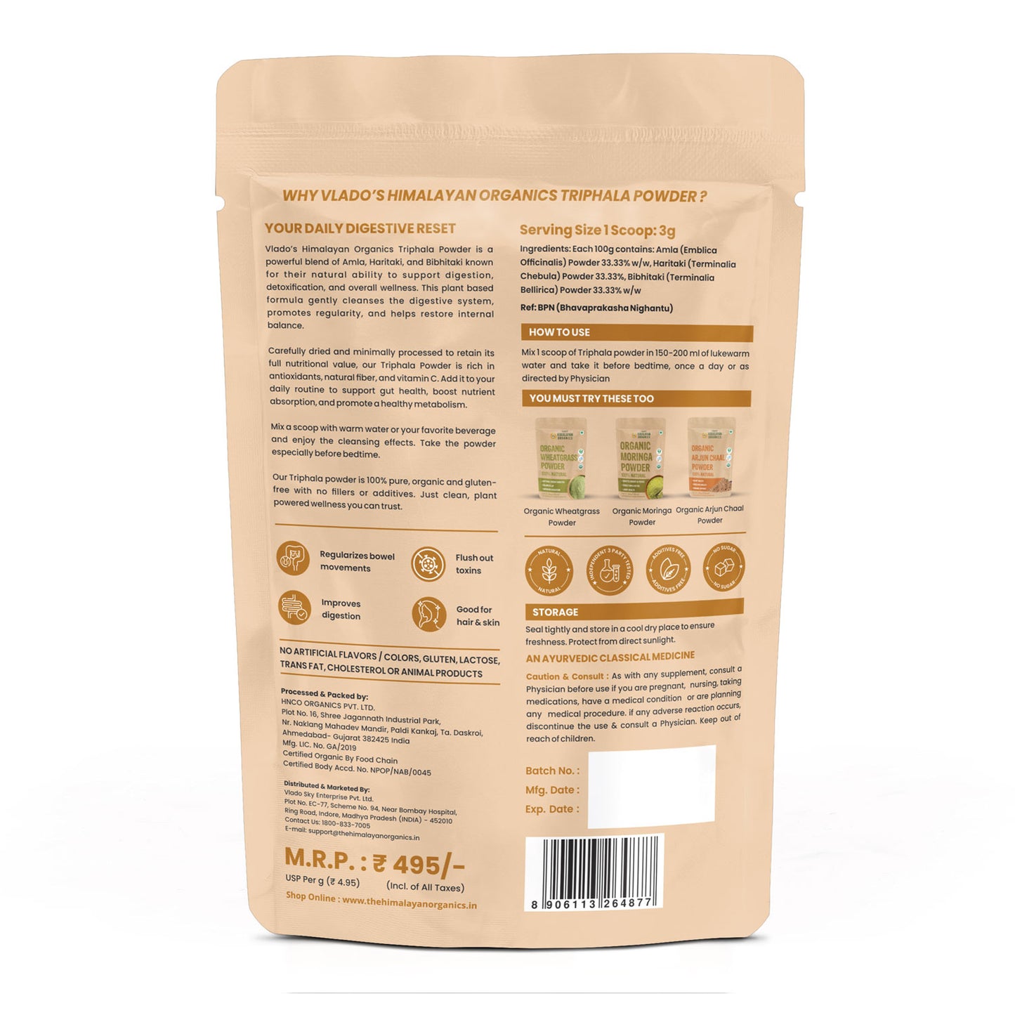 Vlado's Himalayan Organics Triphala Powder - 100 GM | Triphala Churna For Gut, Immune & Intestinal Health | Colon & Digestion, For Balanced Bowel & Gut Health, Contains Bioactives and Antioxidants, GMP & NPOP Certified Organic I Helps Relieve Constipation