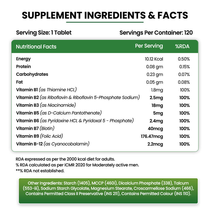 Vlado's Himalayan Organics Vitamin B Complex with 100% RDA B1, B2, B3, B5, B6, B7, B9 & B12 Supplement to Support Cognitive Health - 120 Veg Tablets