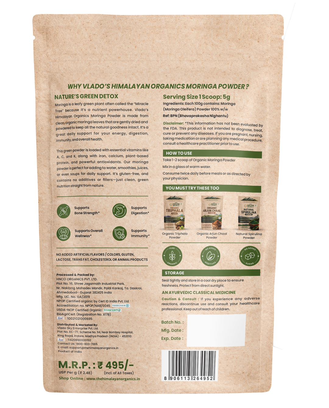 Vlado's Himalayan Organics |Organic Certified Moringa Powder - Natural Superfood with 120+ Nutrients, Antioxidants & Vitamins - Drumstick Leaf powder | Herbal Supplement I for Immunity, Digestion & Energy I Rich In Antioxidant & Protein - 200g