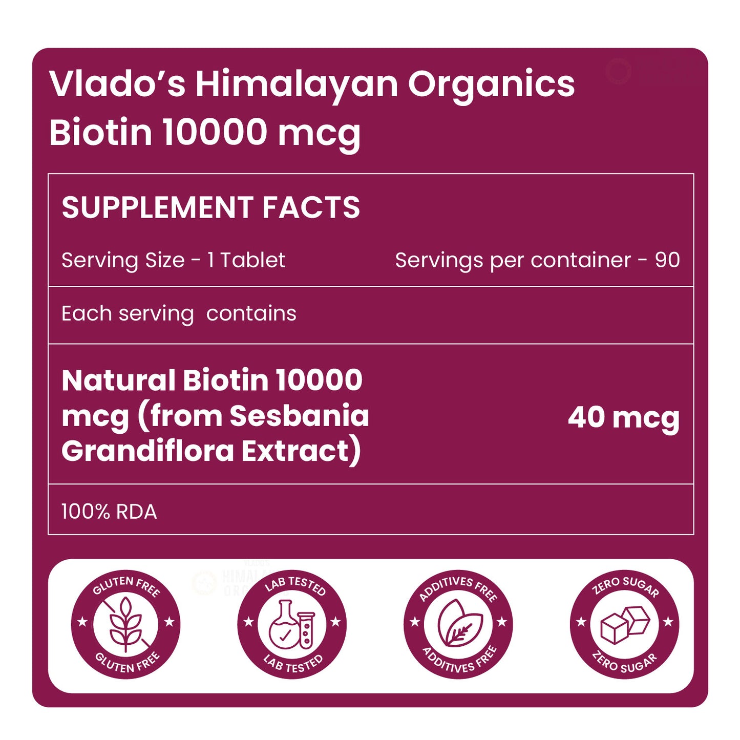 Vlado’s Himalayan Organics Biotin 10000 MCG tablets for Hair Growth, Radiant Skin and Stronger Nails I Sesbania Grandiflora Extract Biotin I Biotin Supplement for men & Women - 90 Veg Tablets