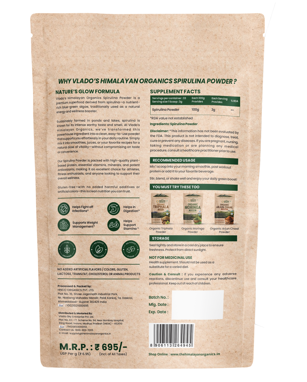Vlado's Himalayan Organics Spirulina Powder (100g) | For Men & Women | Contains 62% Protein I Natural Superfood | Rich in Protein, Vitamins & Minerals | Boost Energy & Immunity | Support Digestion & Skin health