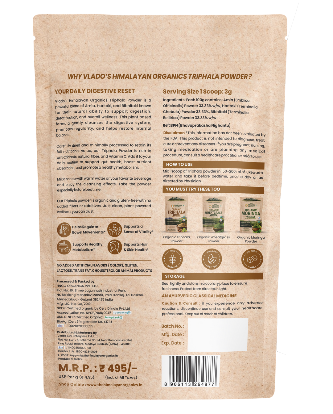 Vlado's Himalayan Organics Triphala Powder - 100 GM | Triphala Churna For Gut, Immune & Intestinal Health | Colon & Digestion, For Balanced Bowel & Gut Health, Contains Bioactives and Antioxidants, GMP & NPOP Certified Organic I Helps Relieve Constipation