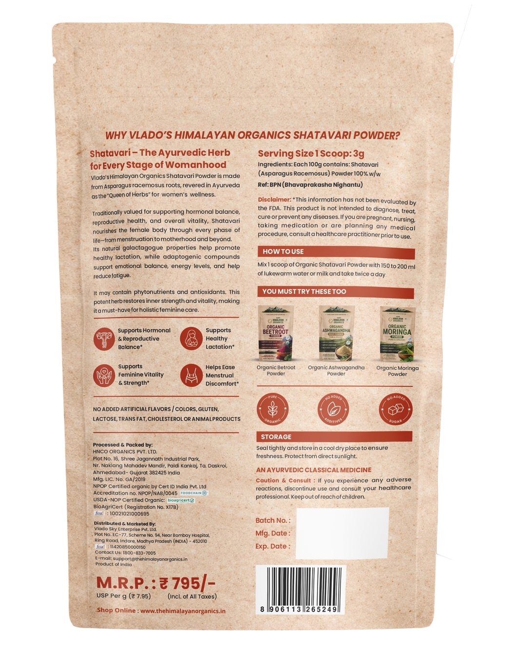Vlado's Himalayan Organics Shatavari Powder 100gms | Promotes Lactation Naturally | Helps Maintain Hormonal Balance