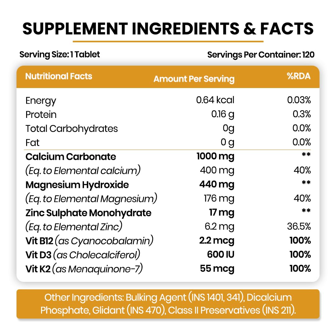 Calcium Magnesium Zinc Vitamin D3, B12 & K- 120 Vegetarian Tablets