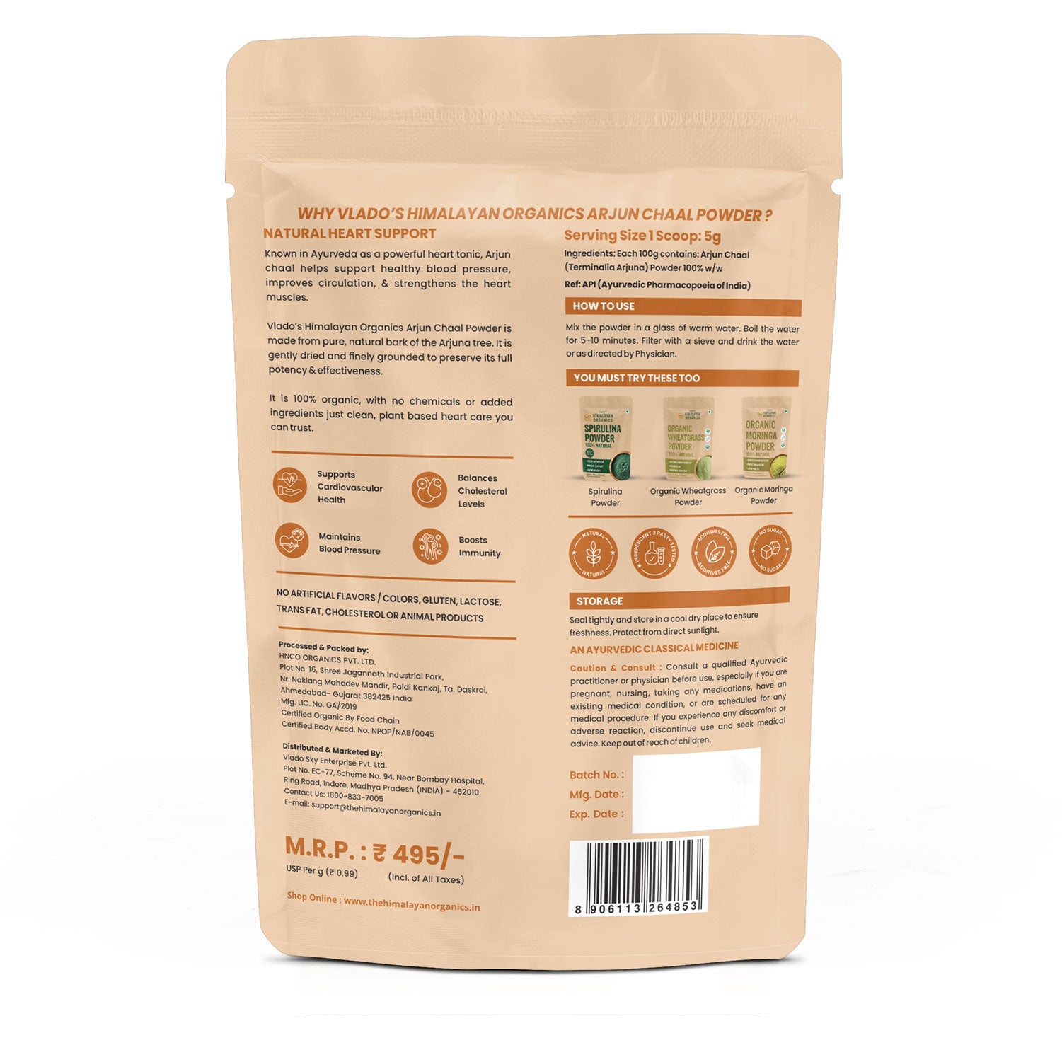 Vlado's Himalayan Organics Arjun Chaal Powder-500G | 100% Natural & Pure Herbal Arjun Ki Chaal Powder For Men & Women I USDA Organic | To Support Heart Health & Promote Good Cholesterol