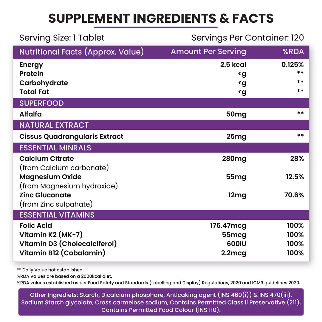 Vlado's Himalayan Organics Alfalfa Calcium 1200mg with Vitamin D, k2, Mk7, B12, Zinc & Magnesium - 120 Veg Tablets