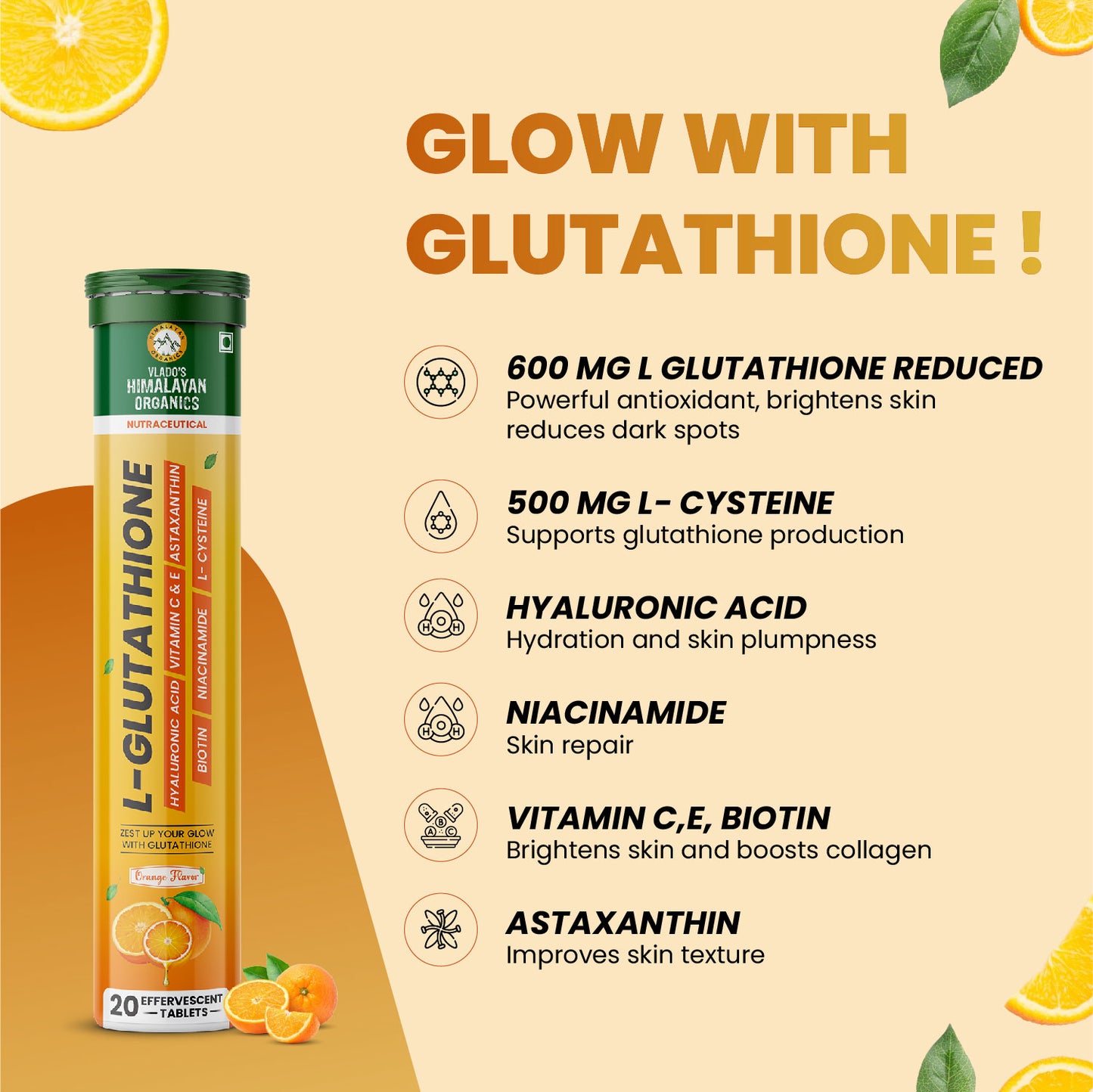 Vlado's Himalayan Organics Japanese Reduced L Glutathione Effervescent Tablets 1150mg with Hyaluronic Acid , Niacinamide, Vitamin C, E- For Anti-Pigmentation Skin Lightening, Tan Removal , Skin Glow- 20 Effervescent Tablet (Pack of 1)