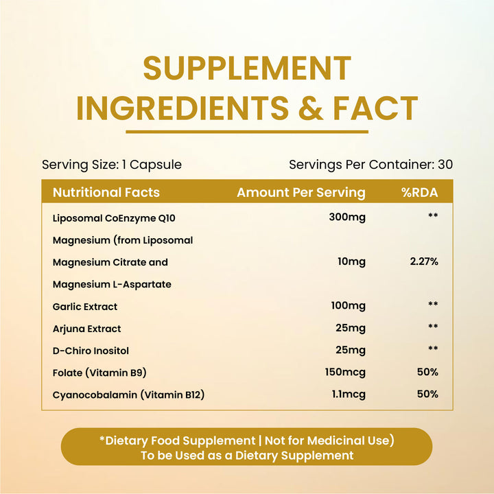 Vlado's Himalayan Organics Liposomal Coenzyme Q10 | CoQ10 Supplement 300mg+ with Magnesium, Vitamin B9 & B12, D-Chiro-Inositol, ,Garlic, Arjuna, Methyl, Folate | High Absorption I Coq10 Ubiqinol Supports Heart Health and Vascular Health  – 30 Capsules