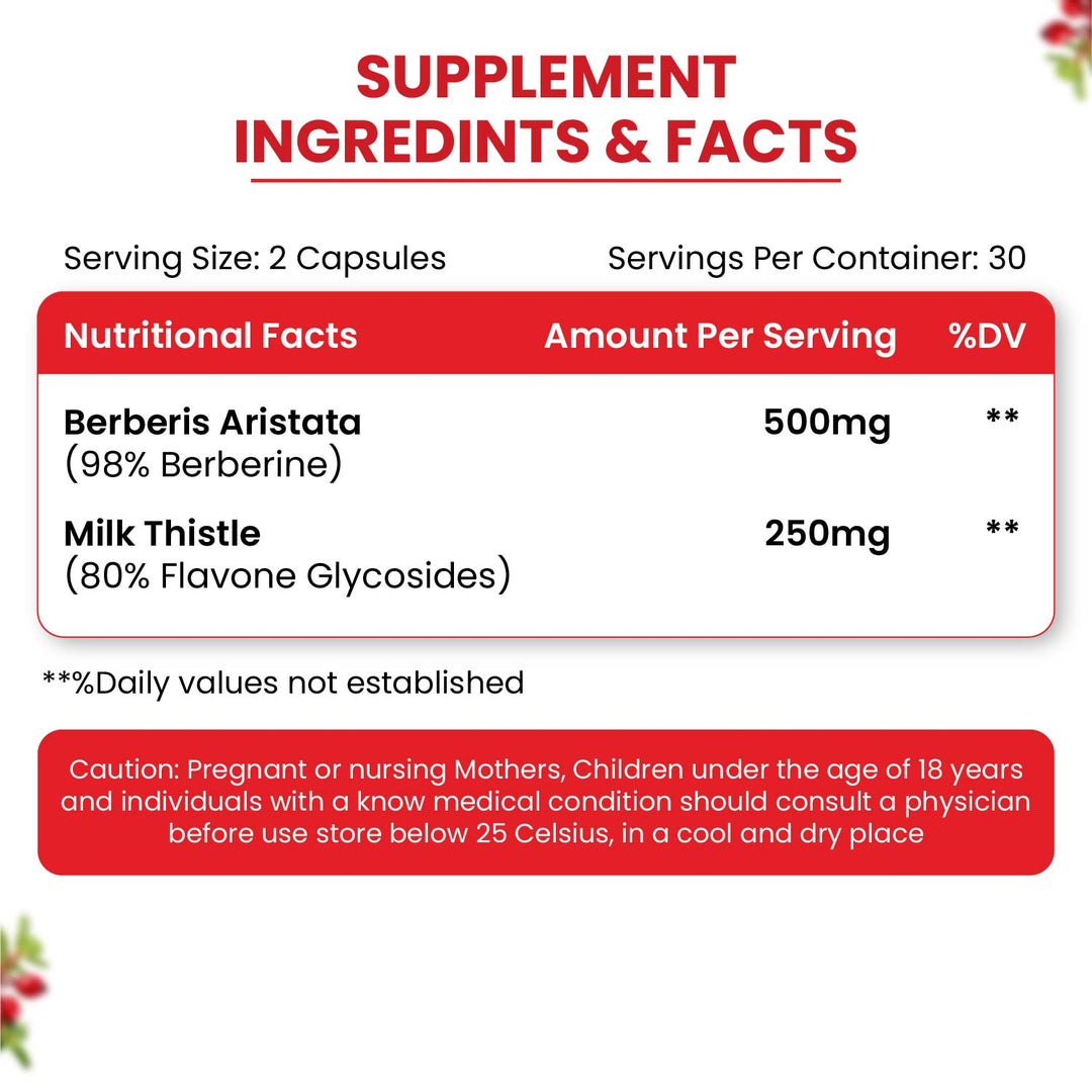 Vlado's Himalayan Organics Berberis Aristata Berberine 98% with Milk Thistle for 2X Liver Support - 60 Capsules