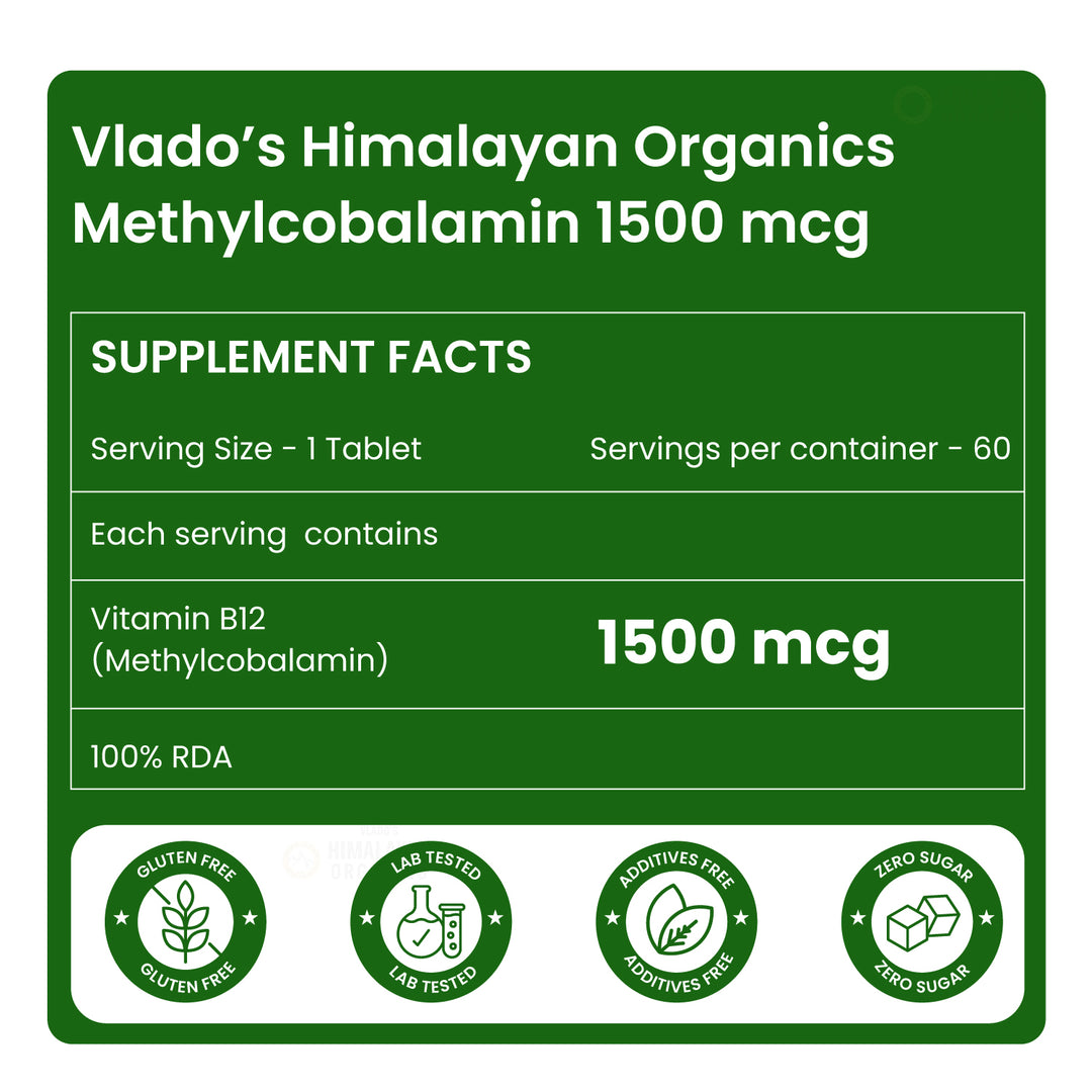 Vlado's Himalayan Organics Vitamin B12 Tablets 1500 mcg -Active form of Methylcobalamin Vitamin B12 Supplements for Men & Women- 60 Veg Tablets
