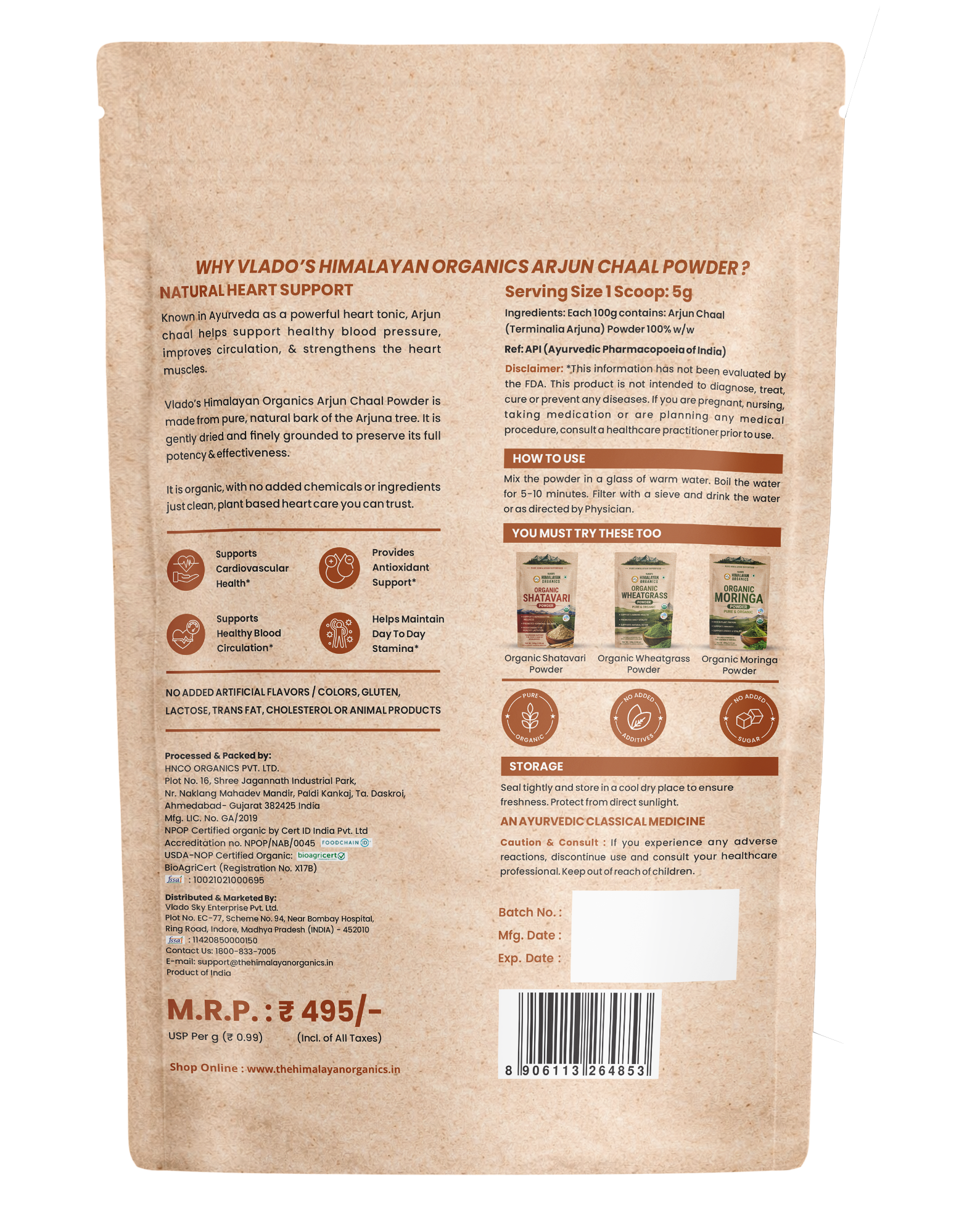 Vlado's Himalayan Organics Arjun Chaal Powder-500G |Natural & Pure Herbal Arjun Ki Chaal Powder For Men & Women I USDA Organic | To Support Heart Health & Promote Good Cholesterol