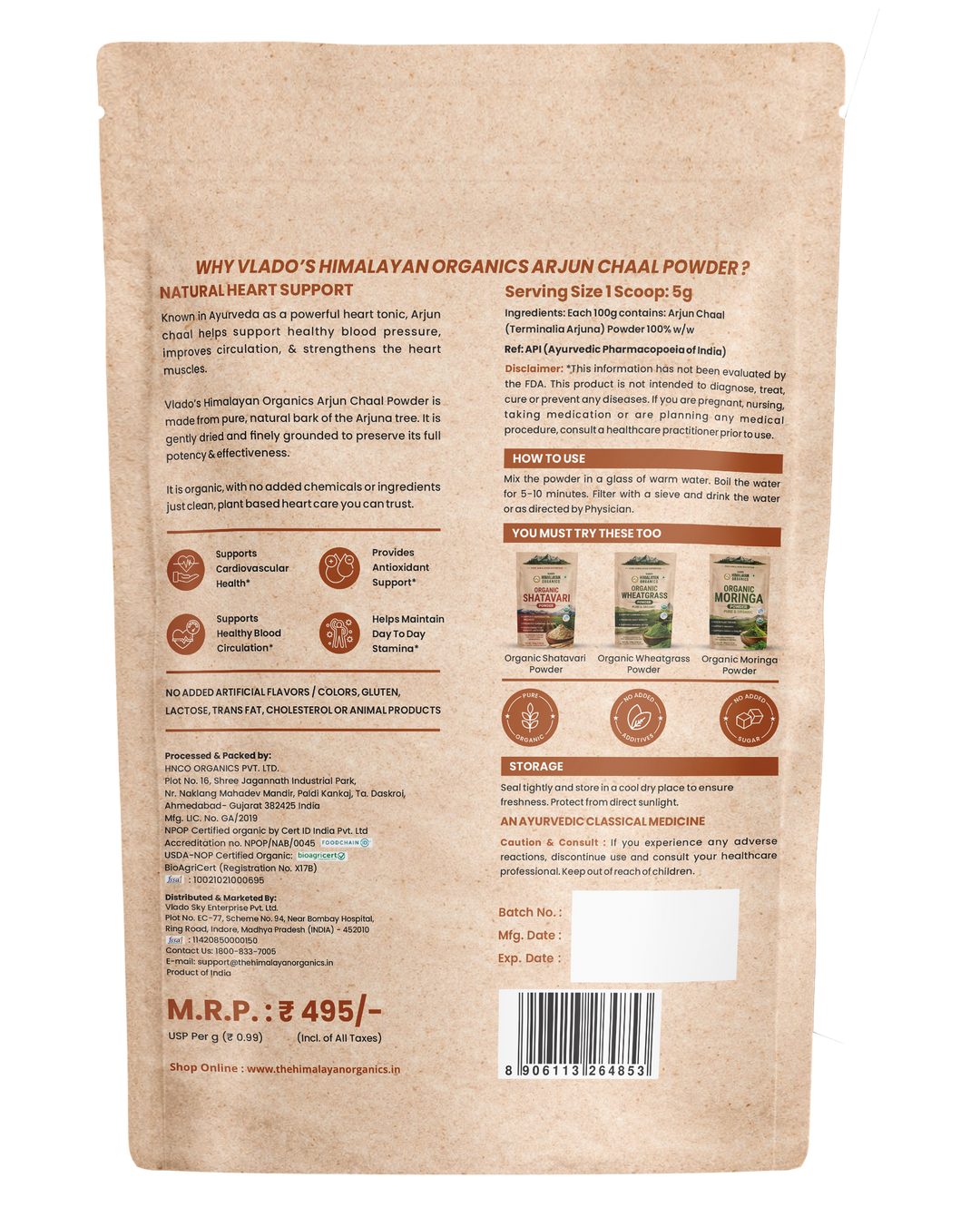 Vlado's Himalayan Organics Arjun Chaal Powder-500G |Natural & Pure Herbal Arjun Ki Chaal Powder For Men & Women I USDA Organic | To Support Heart Health & Promote Good Cholesterol