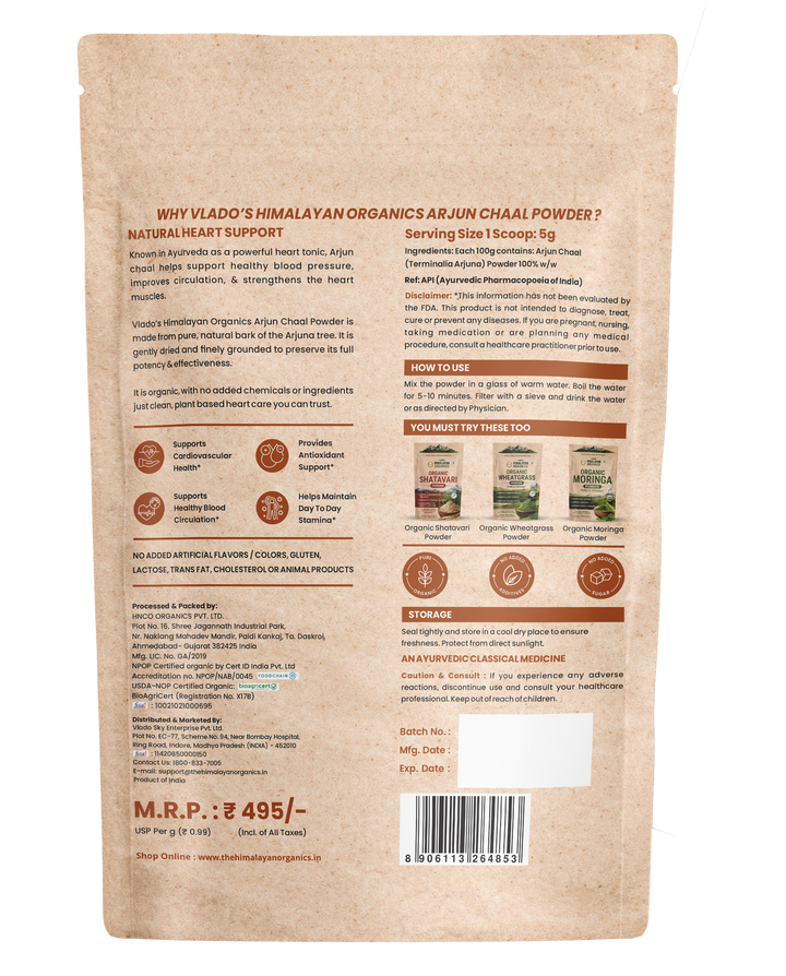 Vlado's Himalayan Organics Arjun Chaal Powder-500G |Natural & Pure Herbal Arjun Ki Chaal Powder For Men & Women I USDA Organic | To Support Heart Health & Promote Good Cholesterol