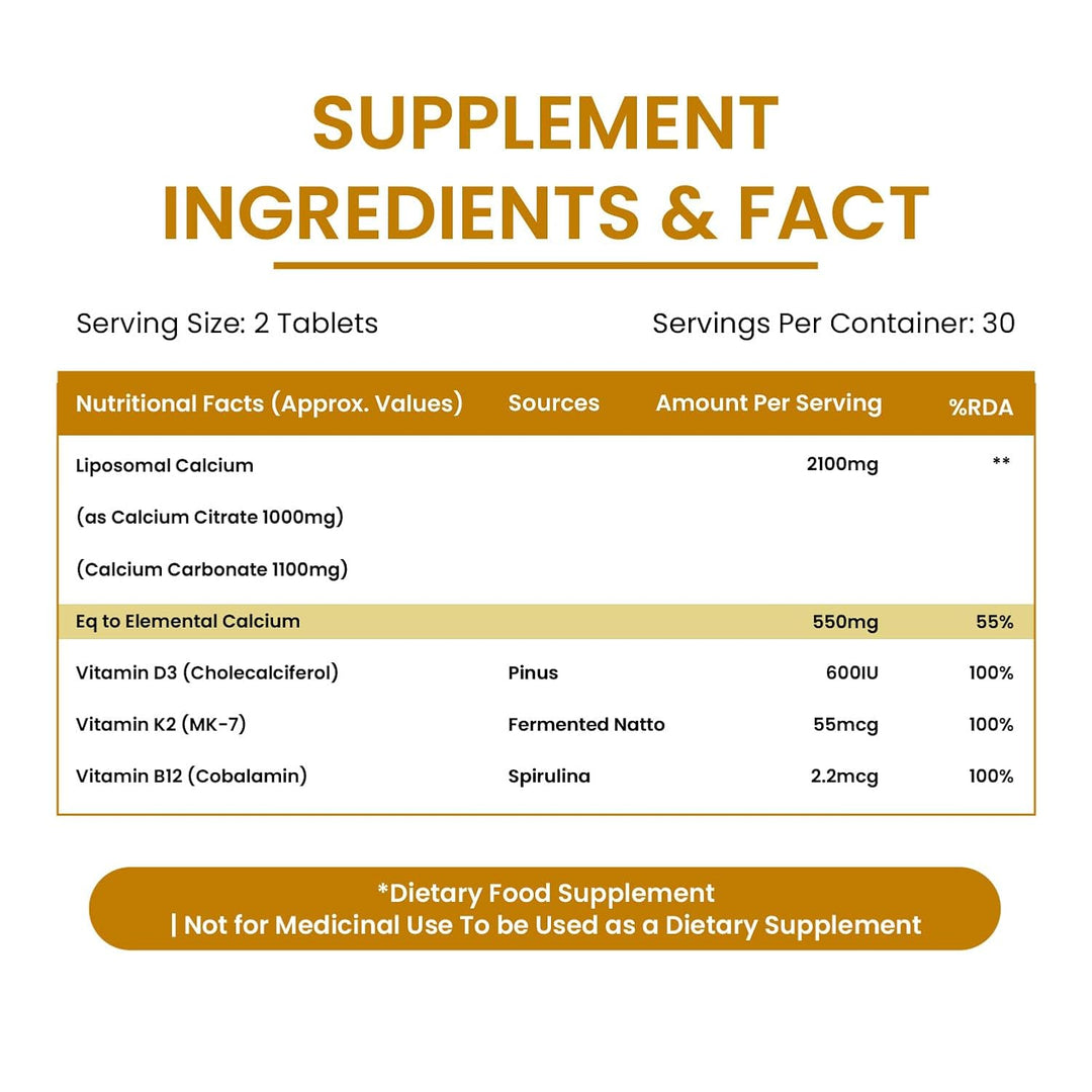 Vlado’s Himalayan Organics Liposomal Calcium 2100mg with Vitamin D3 + K2 (MK-7) & Vitamin B12 | Better Absorption | Supports Healthy Bones, Heart, Joints & Recovery | For Men & Women | 60 Veg Tablets