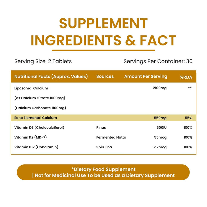 Vlado’s Himalayan Organics Liposomal Calcium 2100mg with Vitamin D3 + K2 (MK-7) & Vitamin B12 | Better Absorption | Supports Healthy Bones, Heart, Joints & Recovery | For Men & Women | 60 Veg Tablets