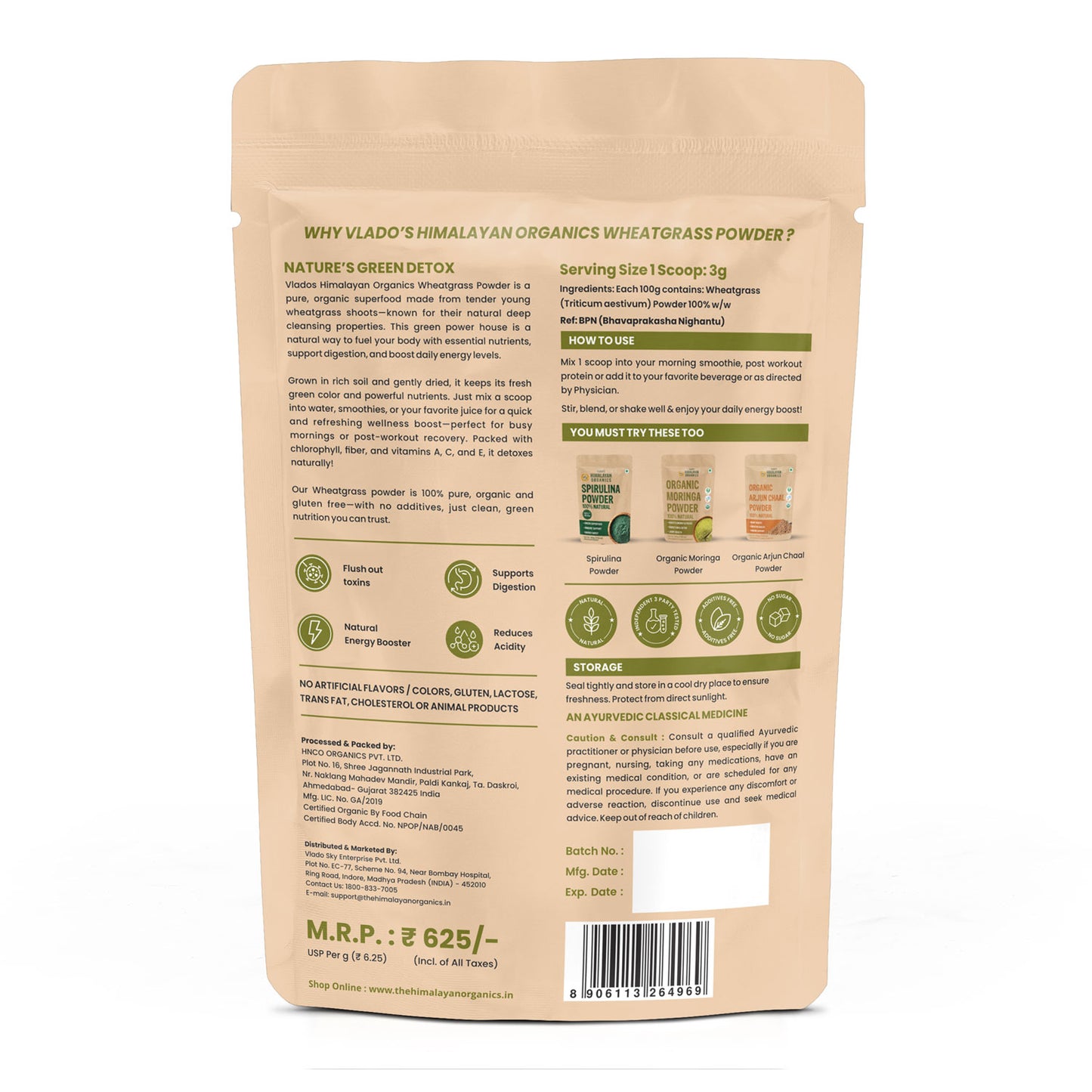 Vlado's Himalayan Organics 100% Natural Organic Wheatgrass Powder | USDA Certified I Wheat Grass Powder | Organic Wheatgrass Juice | Ayurvedic Support For Natural Detox | Immunity Booster | Herbal Supplement - 100g