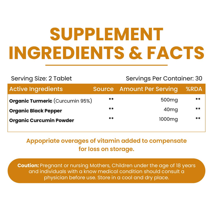 Vlado's Himalayan Organics - Organic Curcumin Tablets 1500+ Mg/Serving with Black Pepper and 95% Curcuminoids | Anti inflammatory Supplement for Adults | With Curcuma Longa, Turmeric | 60 Veg Tablets
