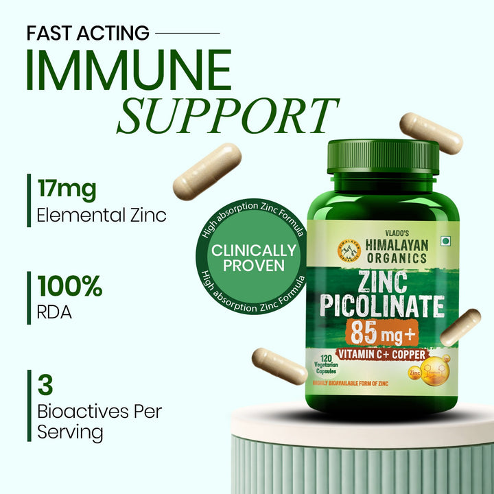 Vlado's Himalayan Organics Zinc Picolinate with Vitamin C & Copper | Zinc Supplements for Men with 100% RDA Zinc | Immunity & Cellular Health Support – 120 capsules