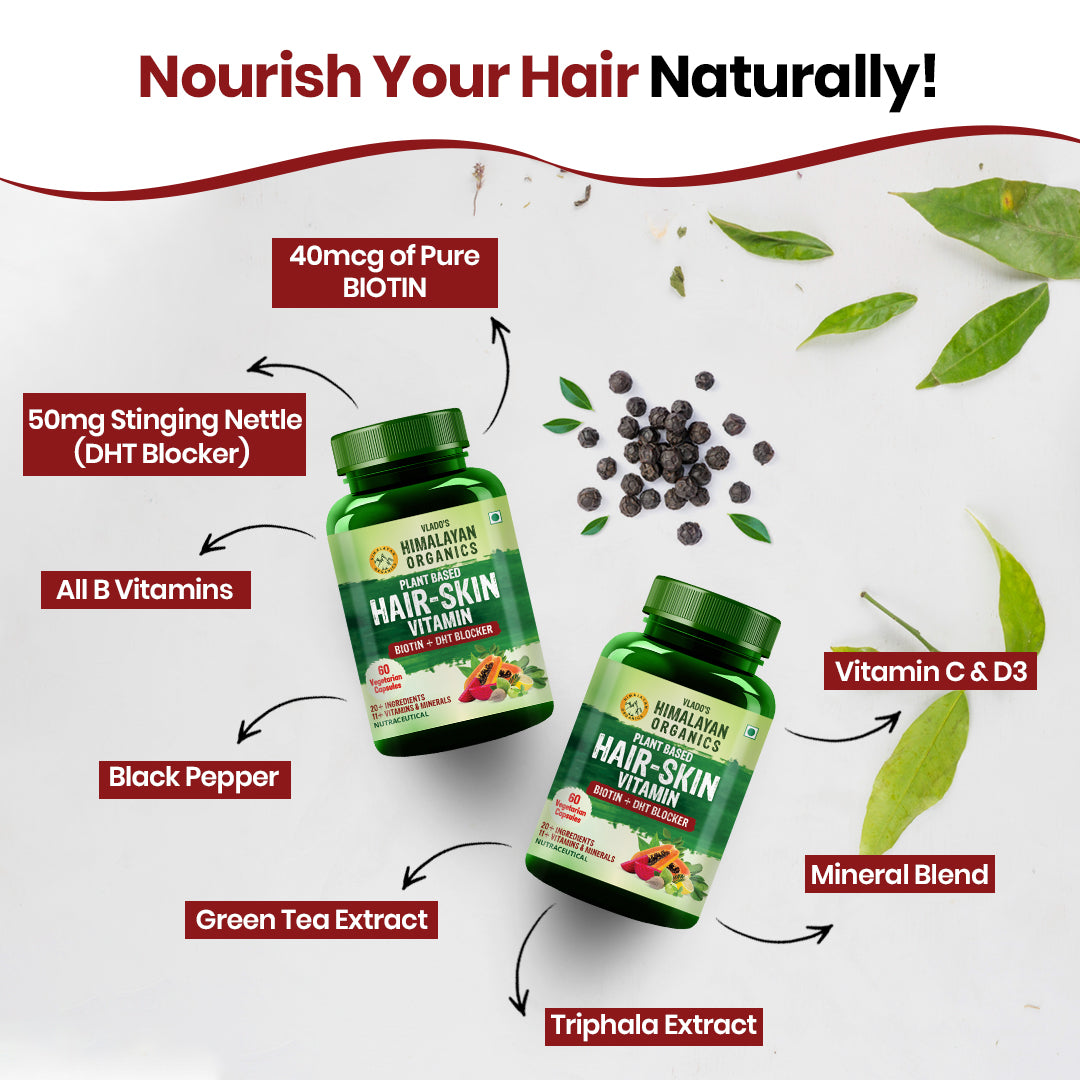 Vlado's Himalayan Organics Plant-Based Hair Skin vitamin with Pure Biotin And DHT Blocker - For Men And Women - 60 Veg Capsules