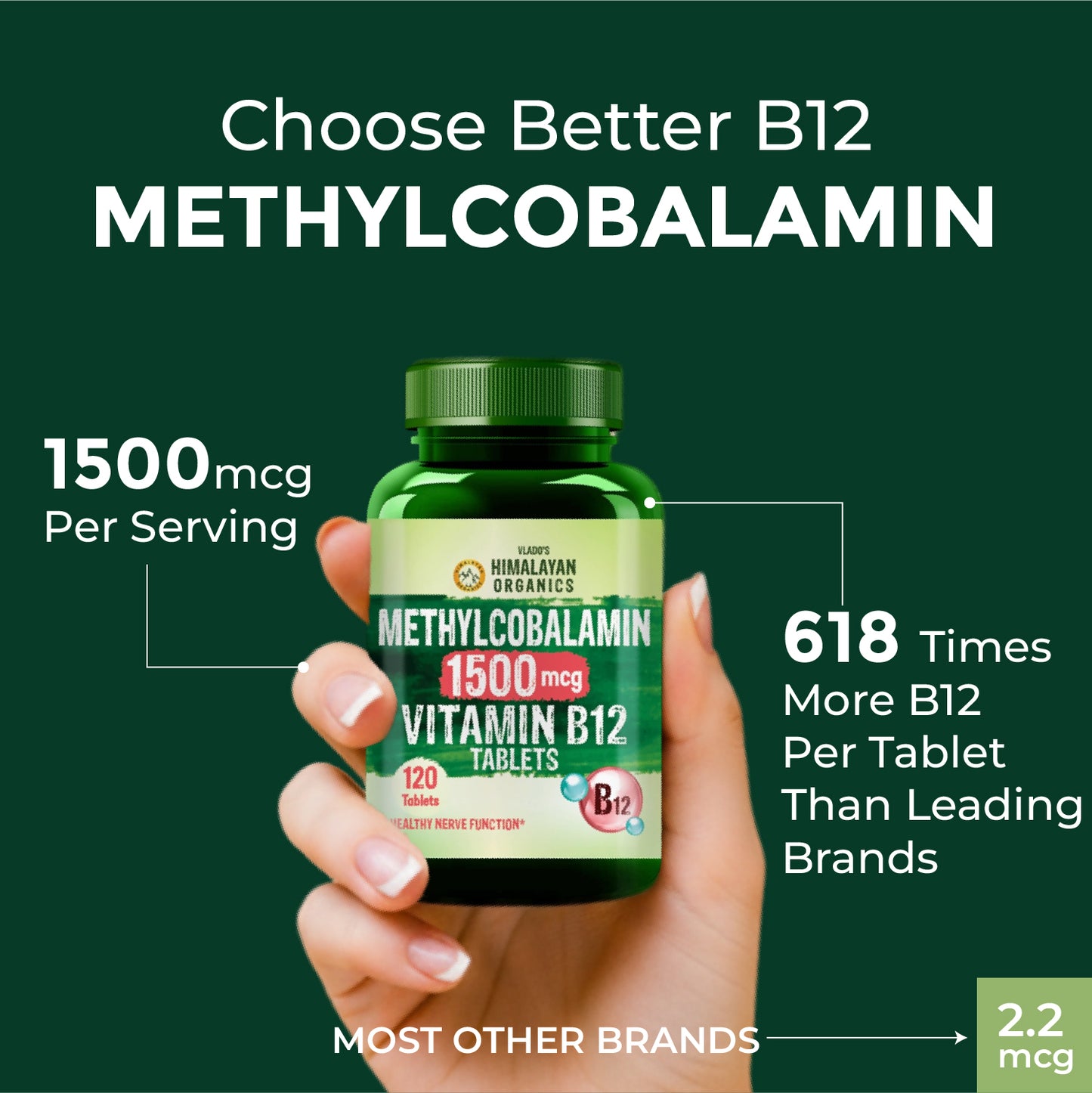 Vlado's Himalayan Organics Vitamin B12 Tablets 1500 mcg as Methylcobalamin Vitamin B12 Supplements for Men & Women -120 Veg tablets (4 Months Supply Pack)