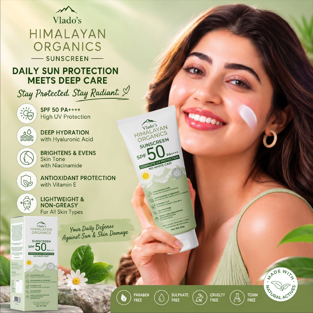 Vlado's Himalayan Organics Sunscreen SPF 50 PA+++ with Hyaluronic Acid, Niacinamide, Glutathione, Vitamins C & E, Kojic Acid, Kakadu Plum & Ceramide | No White Cast | 12H Protection | All Skin Types | Men & Women