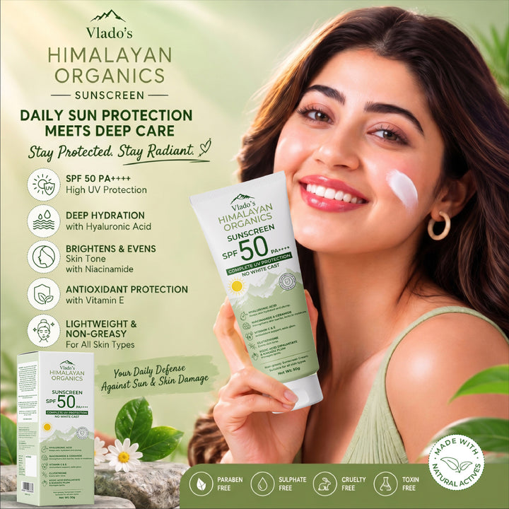 Vlado's Himalayan Organics Sunscreen SPF 50 PA+++ with Hyaluronic Acid, Niacinamide, Glutathione, Vitamins C & E, Kojic Acid, Kakadu Plum & Ceramide | No White Cast | 12H Protection | All Skin Types | Men & Women