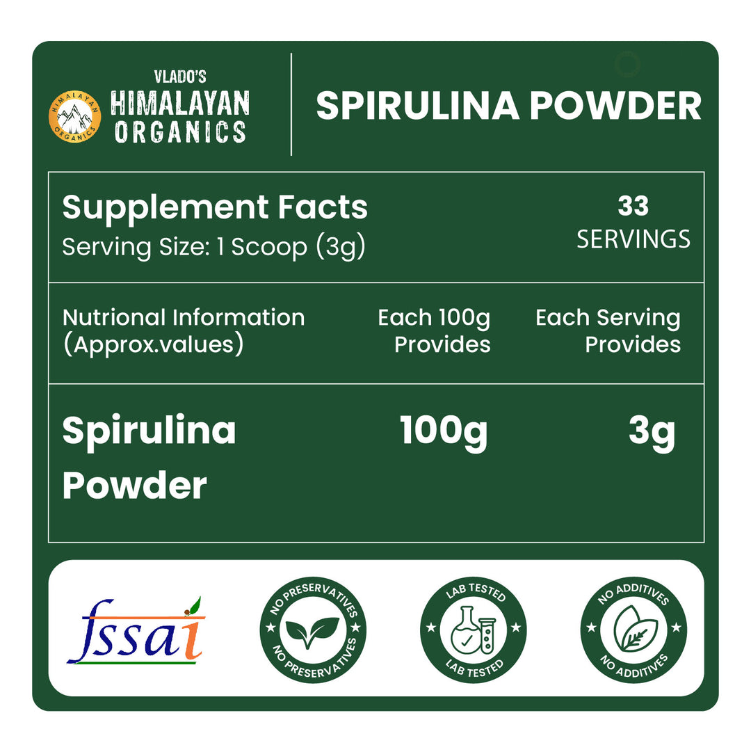 Vlado's Himalayan Organics Spirulina Powder (100g) | For Men & Women | Contains 62% Protein I Natural Superfood | Rich in Protein, Vitamins & Minerals | Boost Energy & Immunity | Support Digestion & Skin health