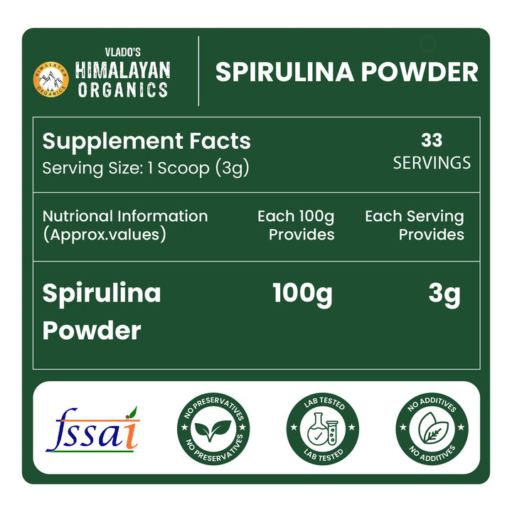 Vlado's Himalayan Organics Spirulina Powder (100g) | For Men & Women | Contains 62% Protein I Natural Superfood | Rich in Protein, Vitamins & Minerals | Boost Energy & Immunity | Support Digestion & Skin health